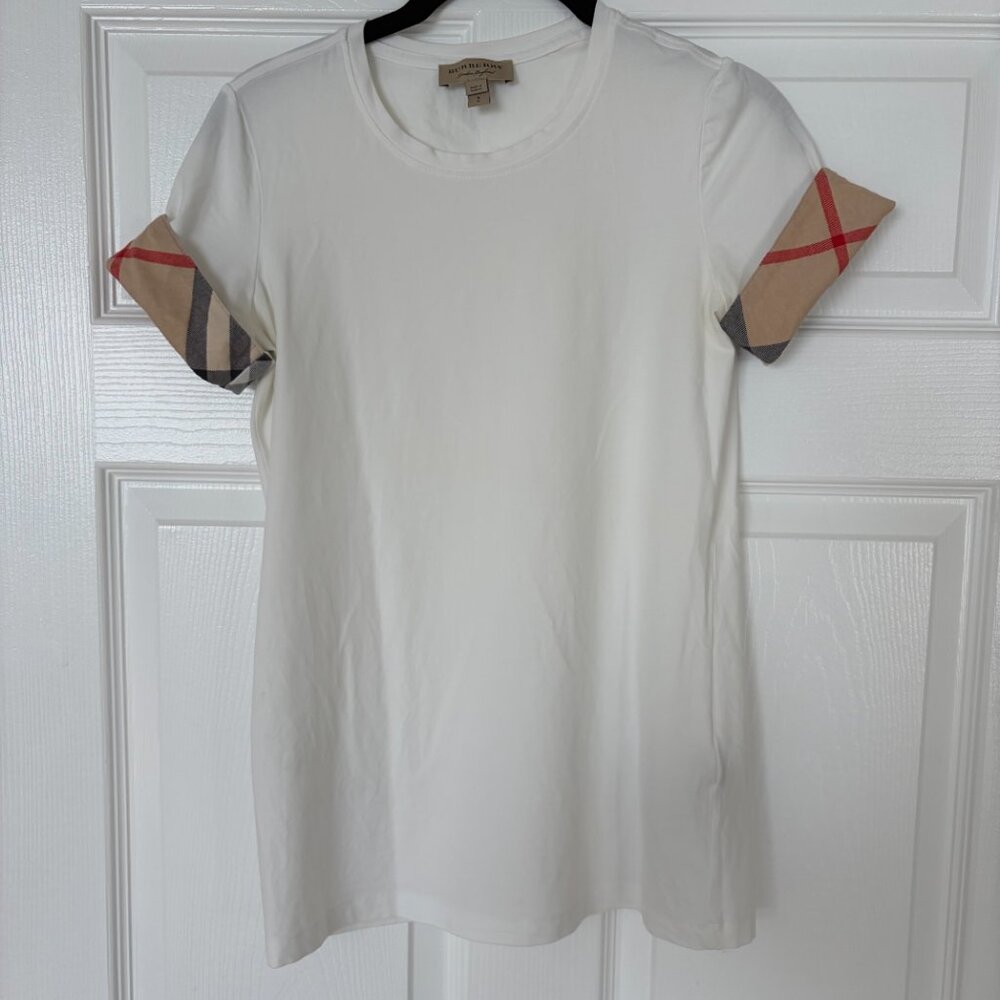 Burberry White Short Sleeve Top w/ Check Cuff Detail – Size S